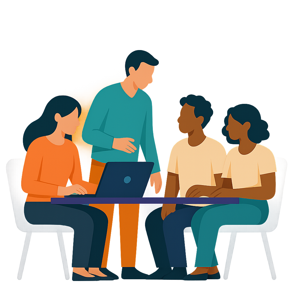 Illustration of four diverse team members sitting together around a table, engaged in a collaborative conversation, with a soft colorful glow highlighting the group.